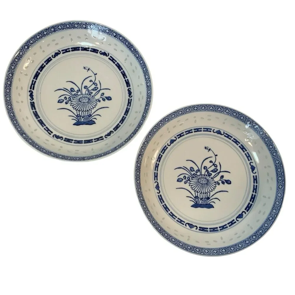 Chinese Rice Grain Serving Bowls Blue & White 8.5” Set Of 2